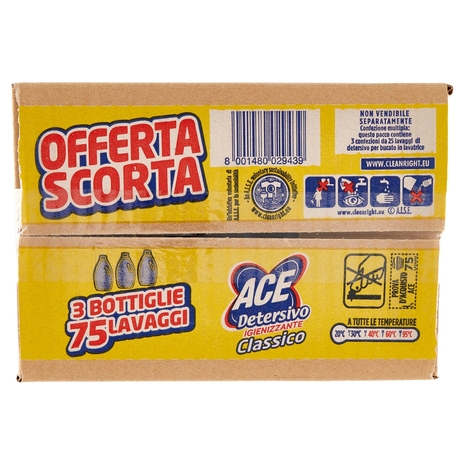 Ace Detersivo Liquido Classico Igienizzante 3 x 25 Lavaggi 3 x 1375 ml